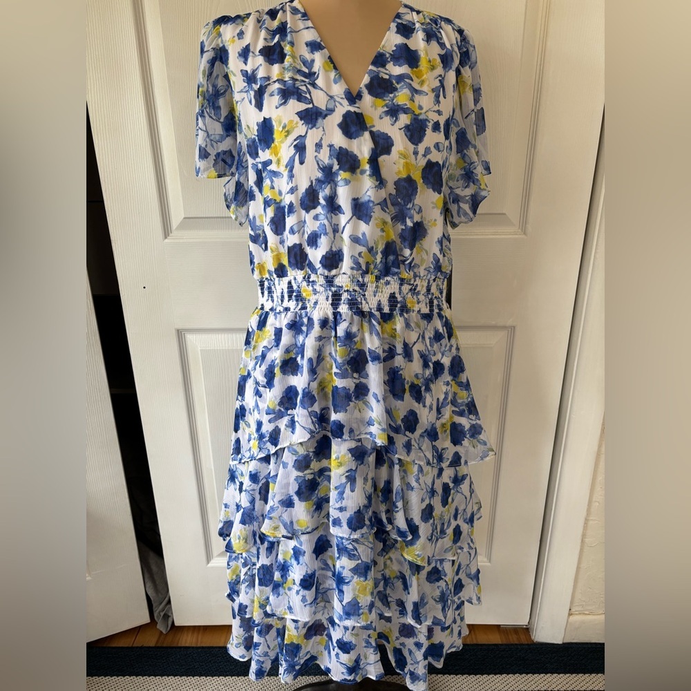 NWT Vince Camuto Floral Tiered Ruffle Dress PL Blue White Yellow High Low Hem
